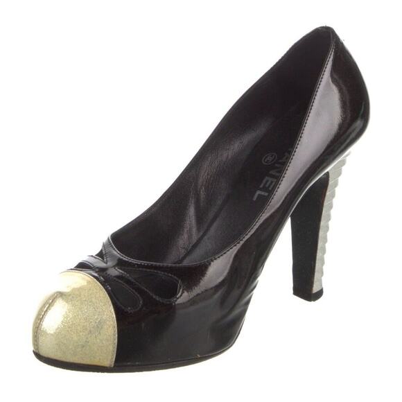 Authentic Chanel Black Cream Gray Patent Leather Platform Pumps Sz EU 38.5 US 8 - Picture 2 of 13